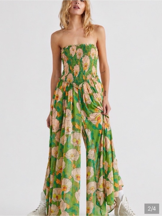 Free People Pants - Free People Vibrant Green Floral Strapless Wide-Leg Jumpsuit